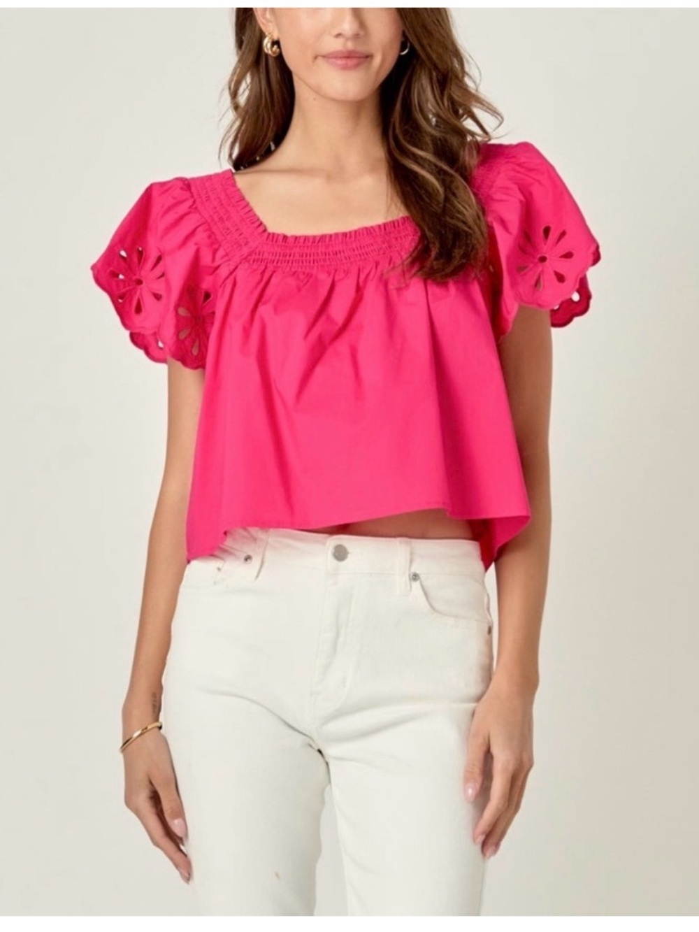 Hyacinth House Pink Eyelet-Sleeve Crop Top